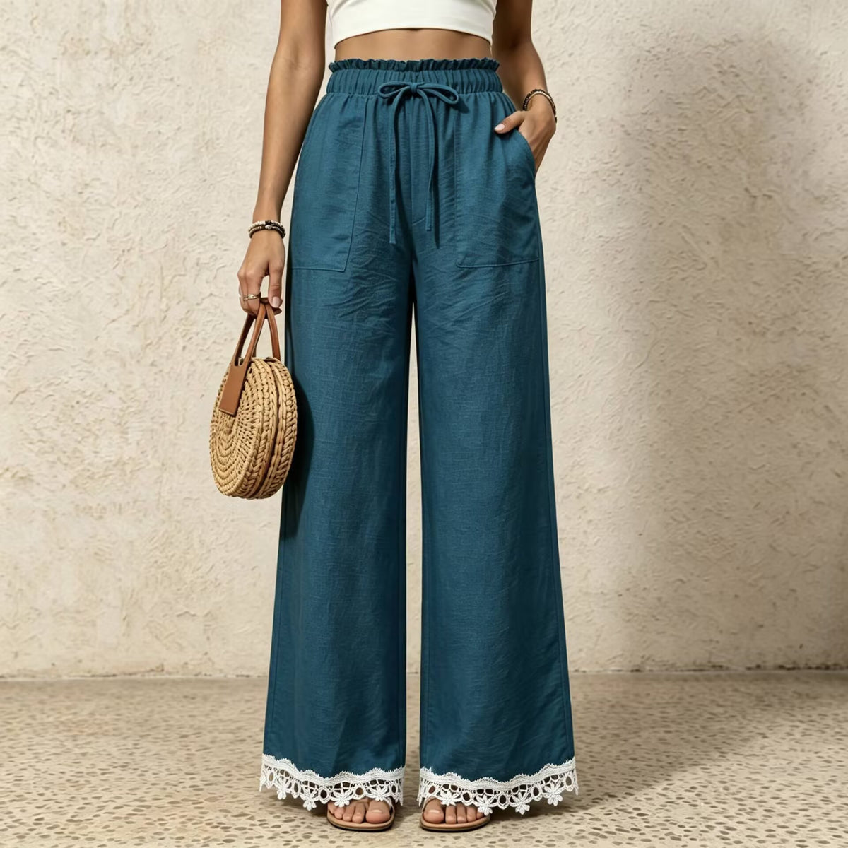 Linen Blend Drawstring Pants With Crochet Hem - Peacock