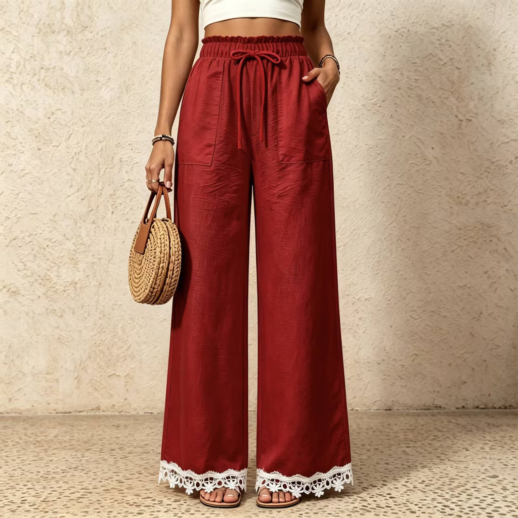 Linen Blend Drawstring Pants With Crochet Hem - Red