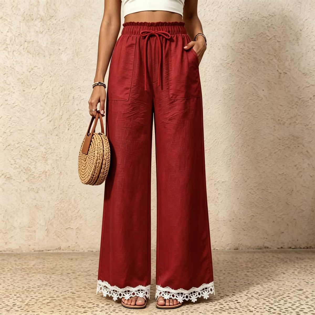 Linen Blend Drawstring Pants With Crochet Hem - Red