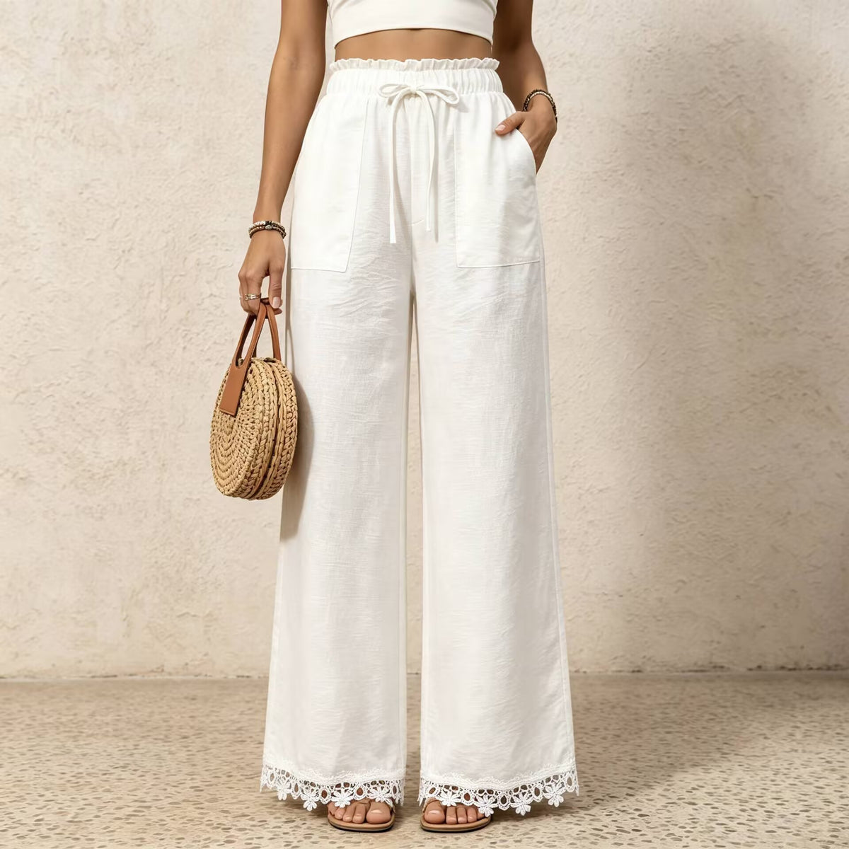 Linen Blend Drawstring Pants With Crochet Hem - White