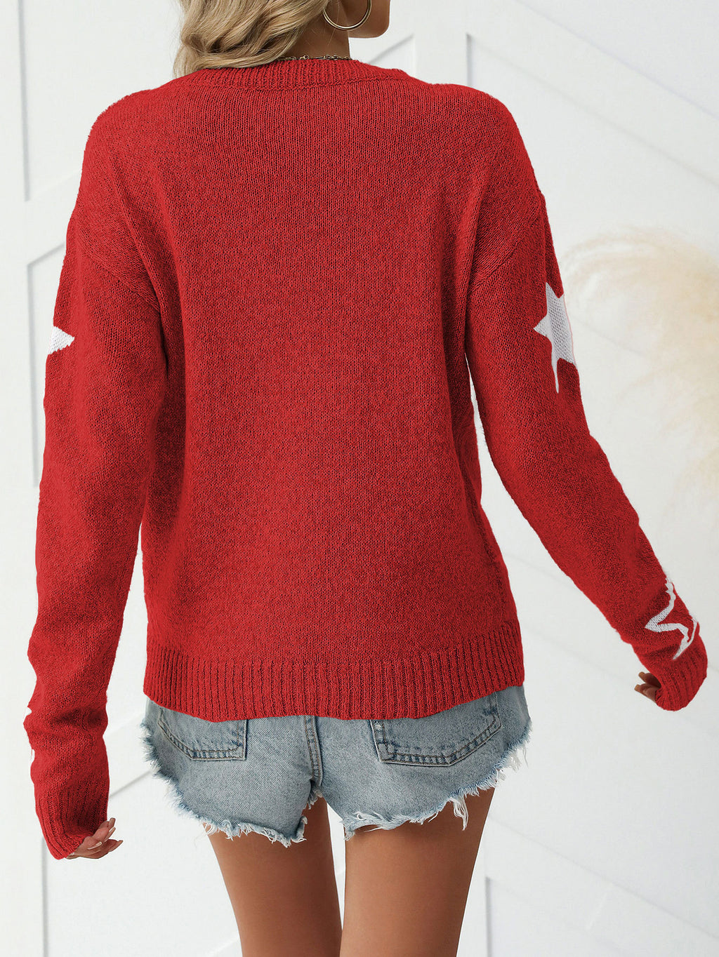Scattered Star Motif Slouchy Knit Sweater - Red - 1