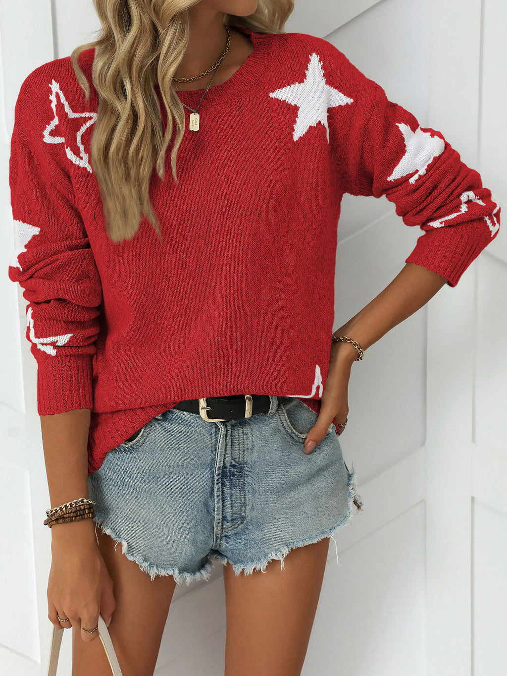 Scattered Star Motif Slouchy Knit Sweater - Red - 2