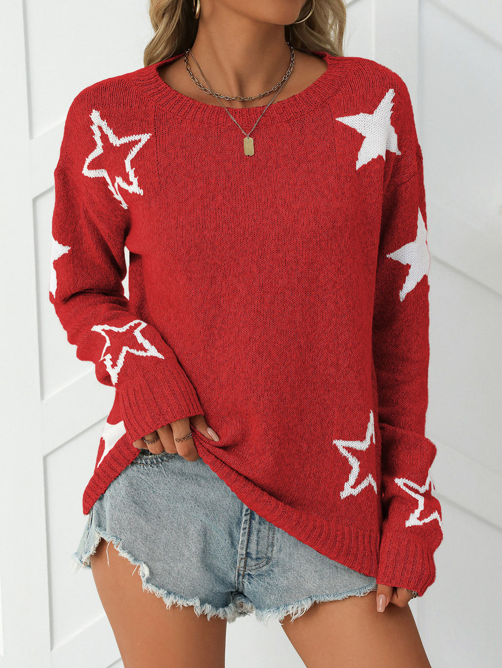 Scattered Star Motif Slouchy Knit Sweater - Red - 3