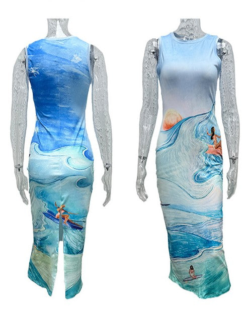 Graffiti Print Sleeveless Bodycon Maxi Dress - Blue
