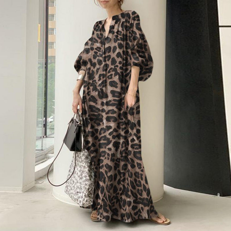 Animal Print Puff Sleeve Kaftan Maxi Dress - Cocoa