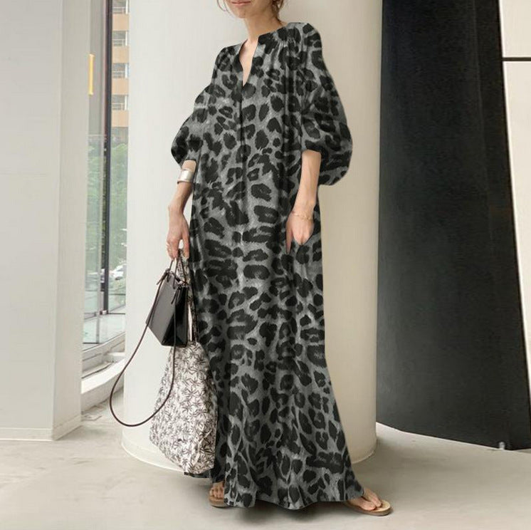 Animal Print Puff Sleeve Kaftan Maxi Dress - black