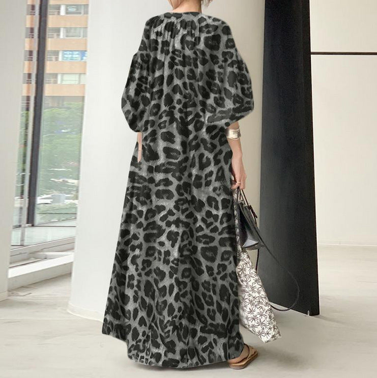Animal Print Puff Sleeve Kaftan Maxi Dress - black - 1