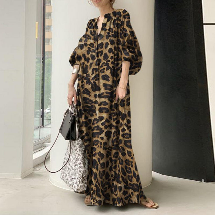 Animal Print Puff Sleeve Kaftan Maxi Dress - yellow