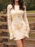 Embroidered Floral Keyhole Back Mini Dress - Apricot