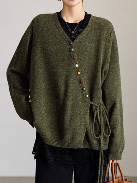 Oversized Side Tie Button Front Cardigan - ArmyGreen