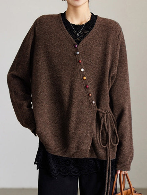 Oversized Side Tie Button Front Cardigan - Brown