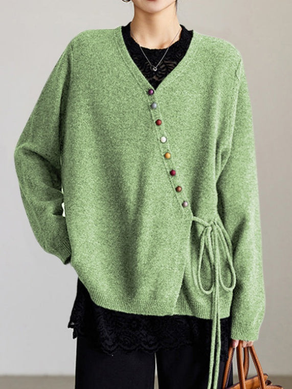 Oversized Side Tie Button Front Cardigan - LightGreen