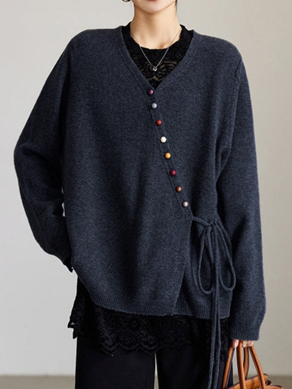 Oversized Side Tie Button Front Cardigan - Navy