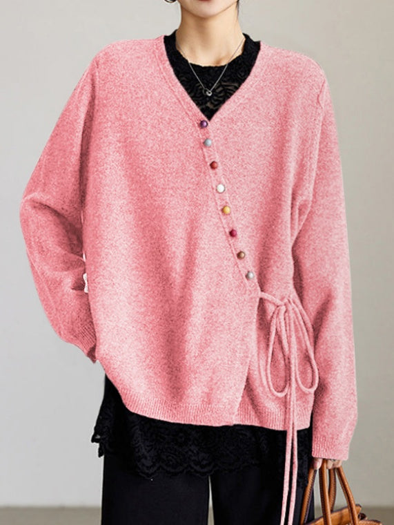 Oversized Side Tie Button Front Cardigan - Pink