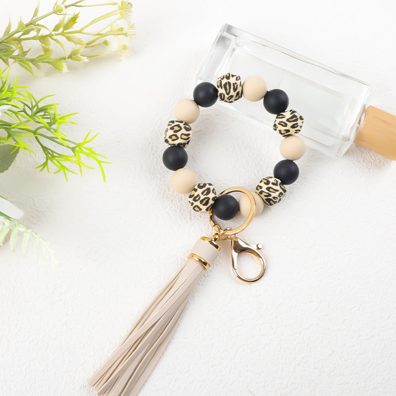Marbled Bead Wristlet Keychain With Tassel Fringe - Leopard