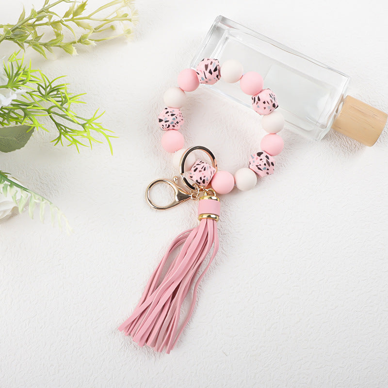 Marbled Bead Wristlet Keychain With Tassel Fringe - Pink