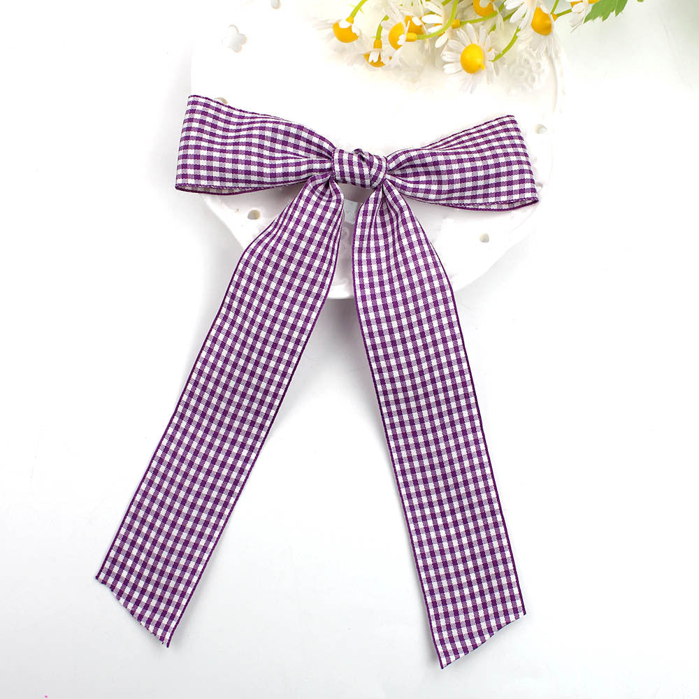 Gingham Ribbon Long Tail Bow Hair Clip - DKpurple