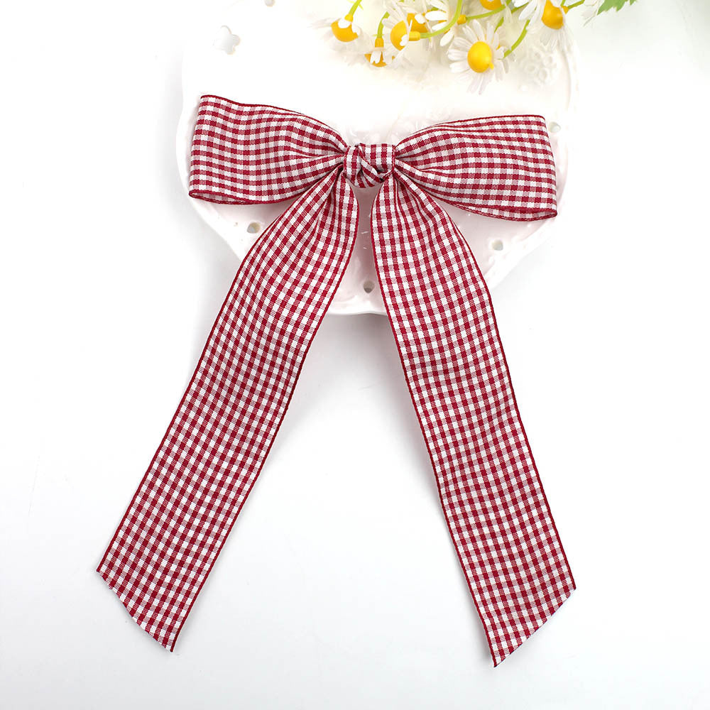 Gingham Ribbon Long Tail Bow Hair Clip - DKred