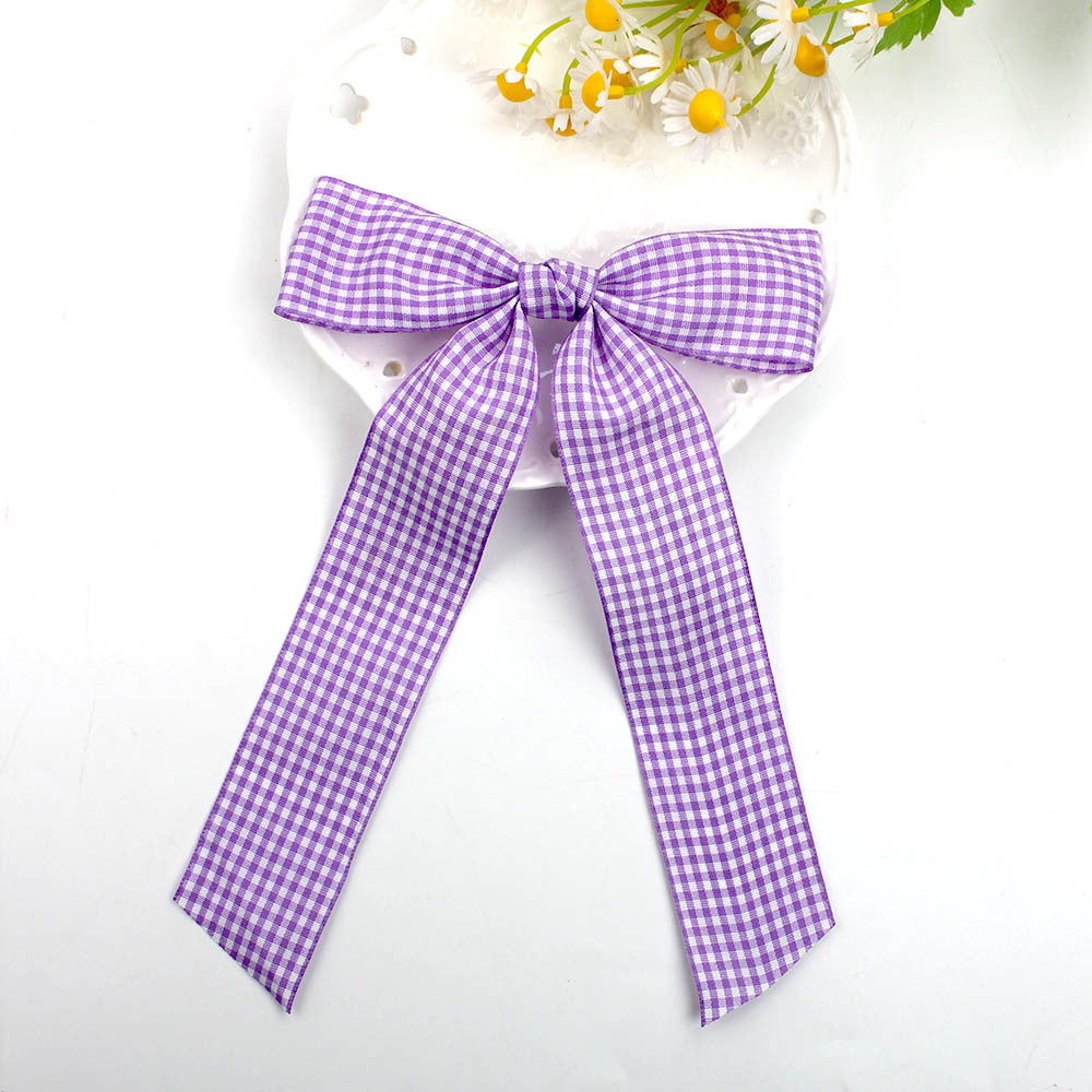 Gingham Ribbon Long Tail Bow Hair Clip - LTpurple