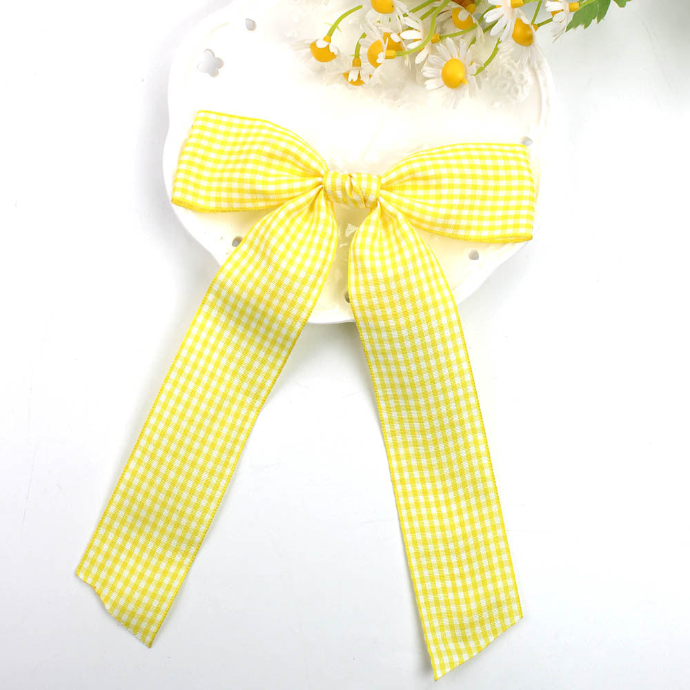 Gingham Ribbon Long Tail Bow Hair Clip - LTyellow