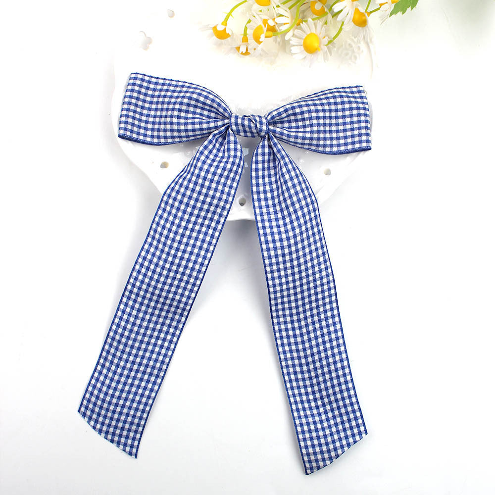 Gingham Ribbon Long Tail Bow Hair Clip - blue
