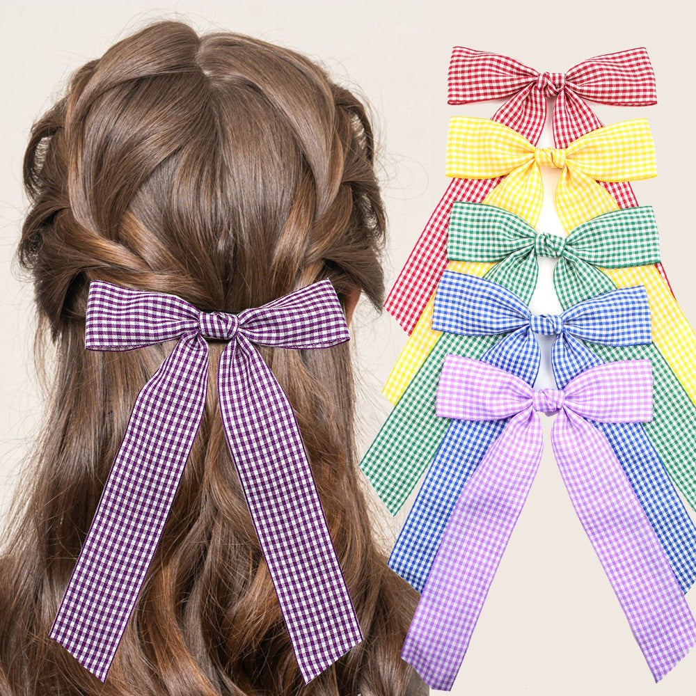 Gingham Ribbon Long Tail Bow Hair Clip