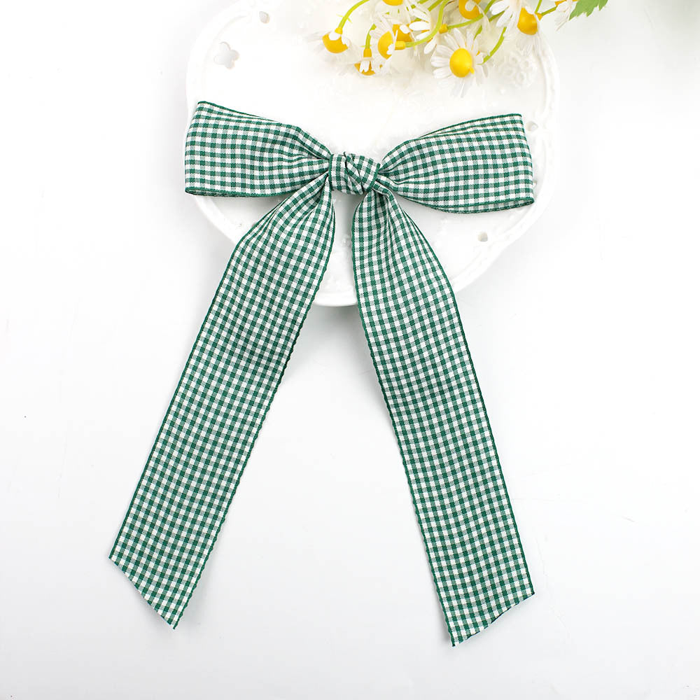 Gingham Ribbon Long Tail Bow Hair Clip - green