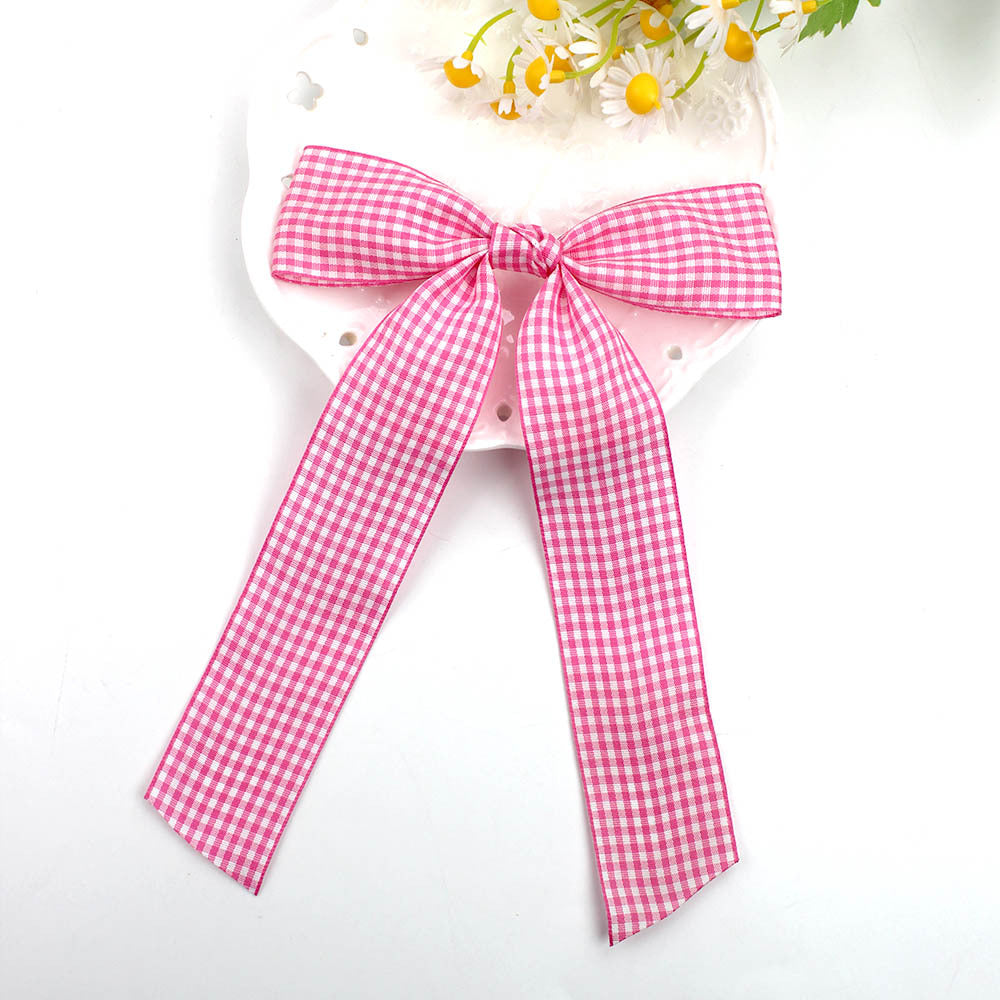 Gingham Ribbon Long Tail Bow Hair Clip - pink