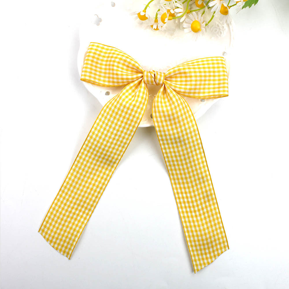 Gingham Ribbon Long Tail Bow Hair Clip - yellow