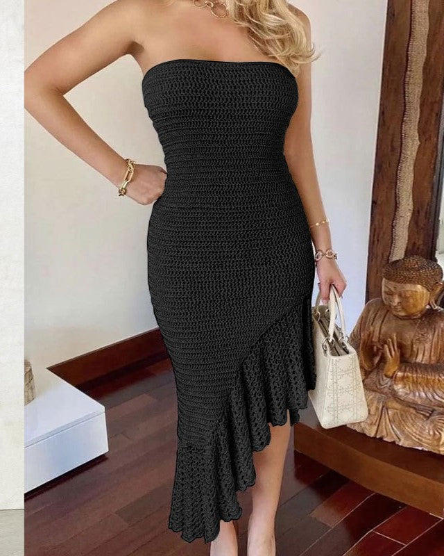 Strapless Crochet Fringed Hem Cover Up - Black - 2