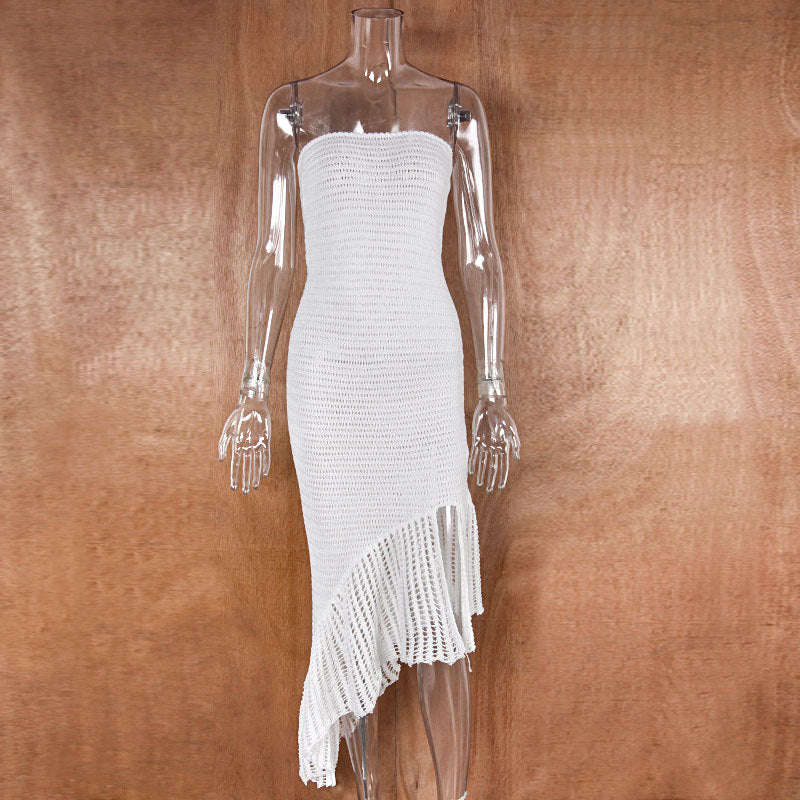 Strapless Crochet Fringed Hem Cover Up - White - 2