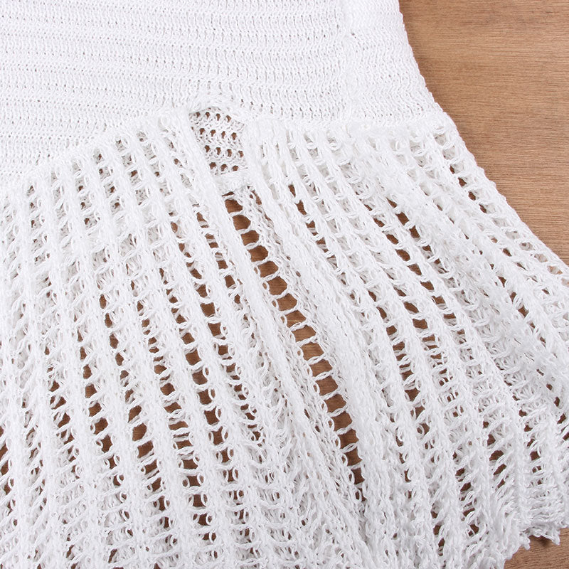 Strapless Crochet Fringed Hem Cover Up - White - 4