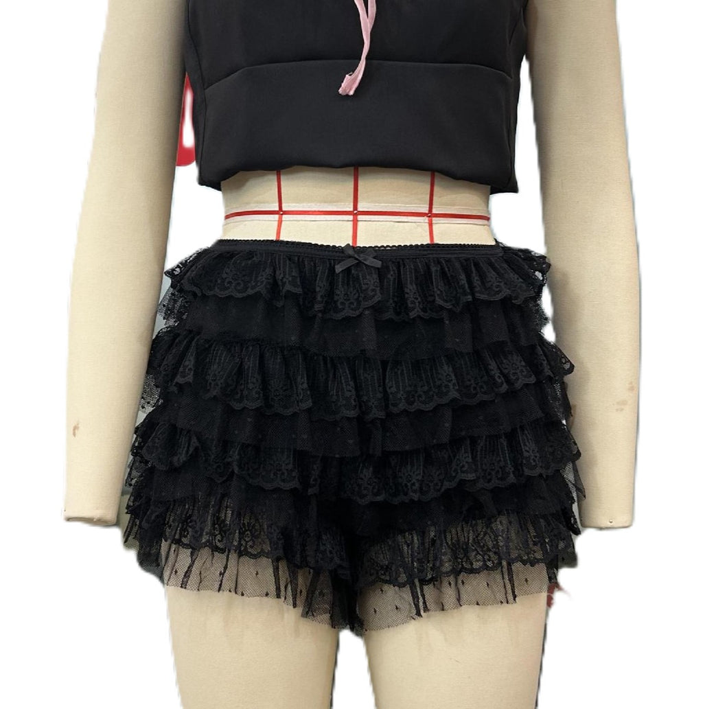 Tiered Lace Ruffle Micro Shorts - Black
