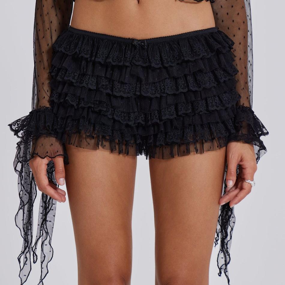 Tiered Lace Ruffle Micro Shorts - Black - 2
