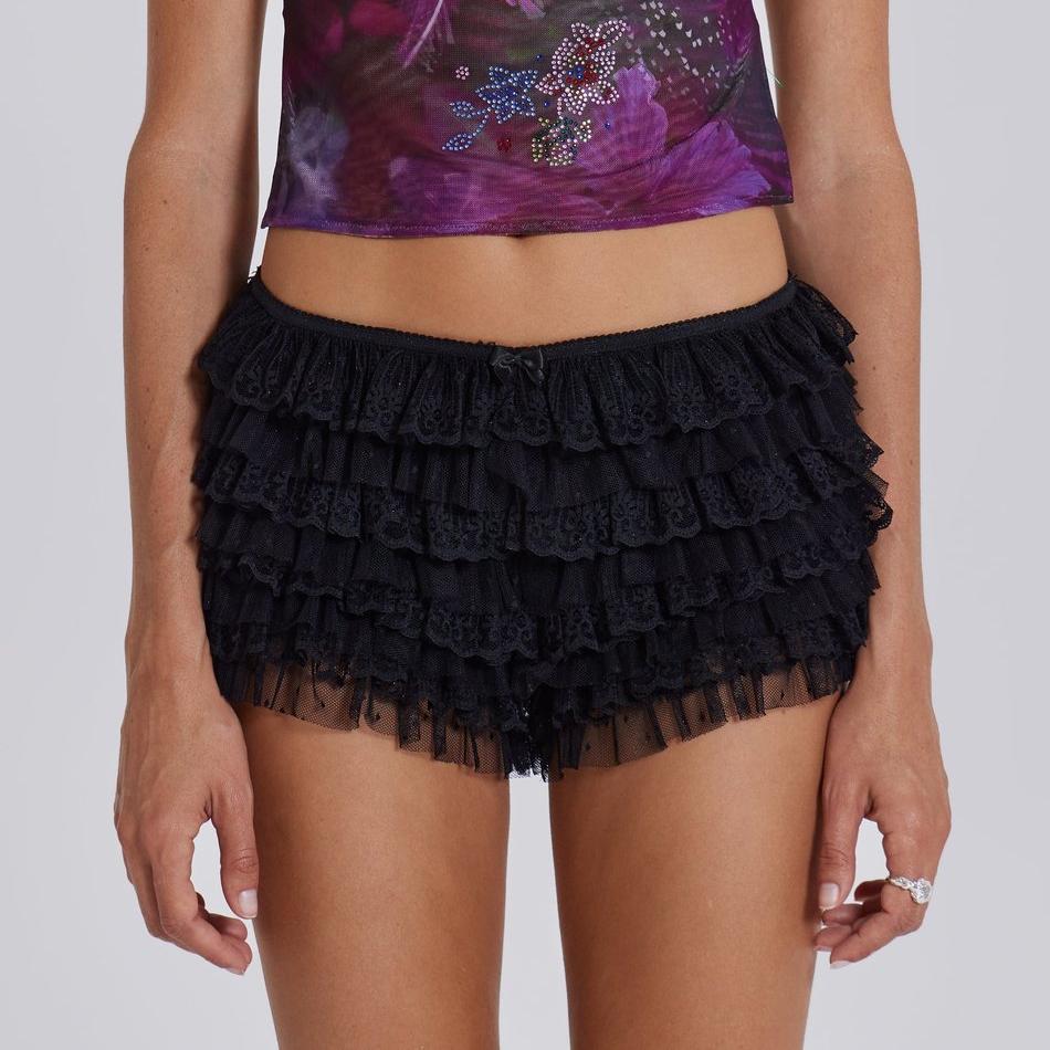 Tiered Lace Ruffle Micro Shorts - Black - 3
