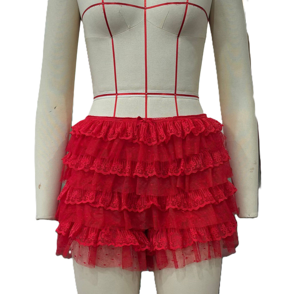 Tiered Lace Ruffle Micro Shorts - Red