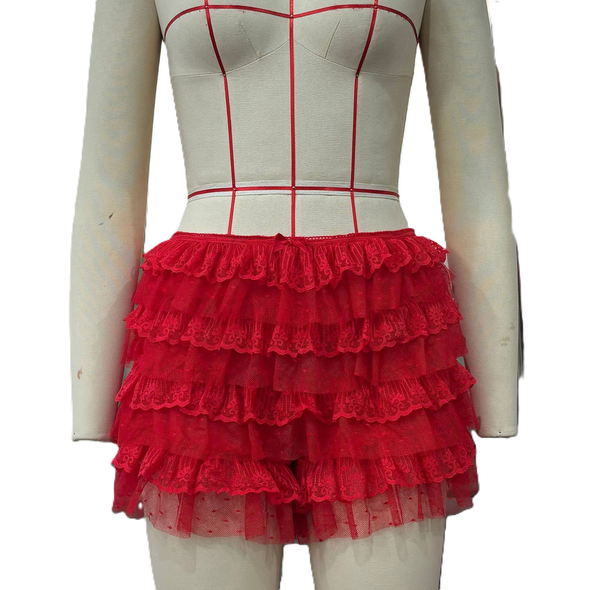 Tiered Lace Ruffle Micro Shorts - Red
