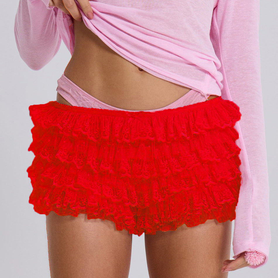 Tiered Lace Ruffle Micro Shorts - Red - 1