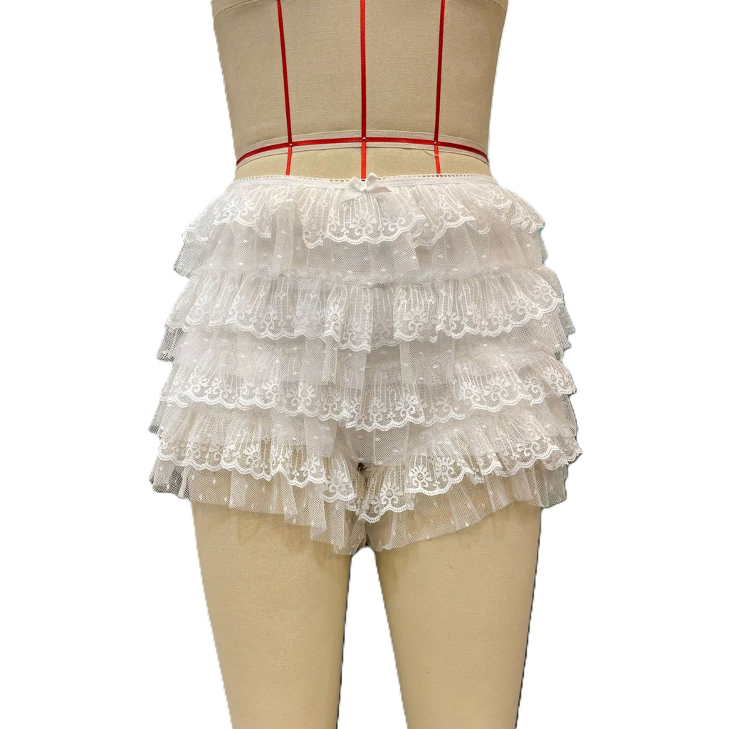 Tiered Lace Ruffle Micro Shorts - White