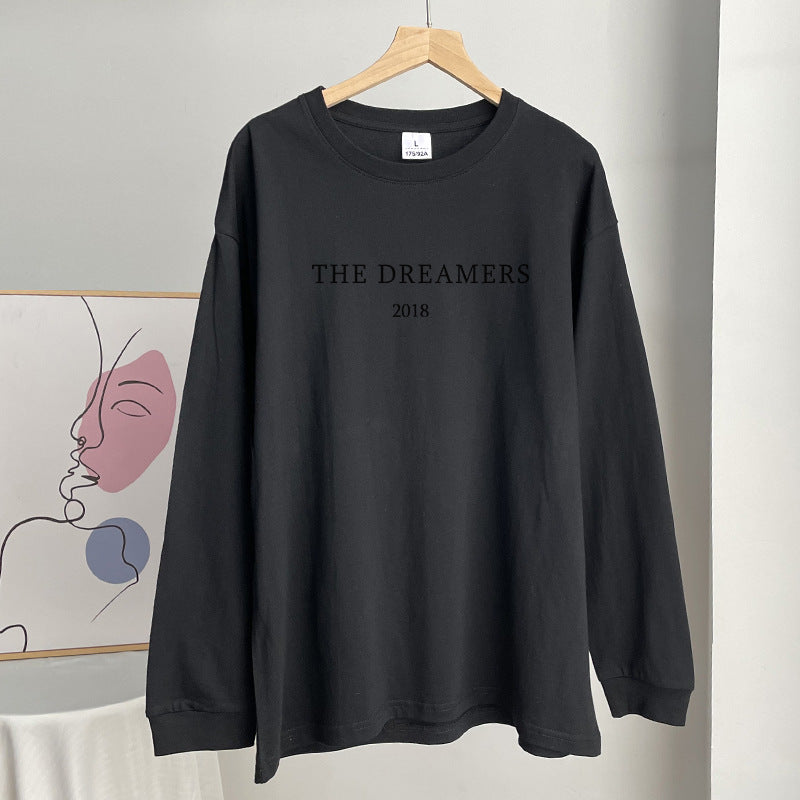 Oversized Slogan Long Sleeve Cotton Tee - Black