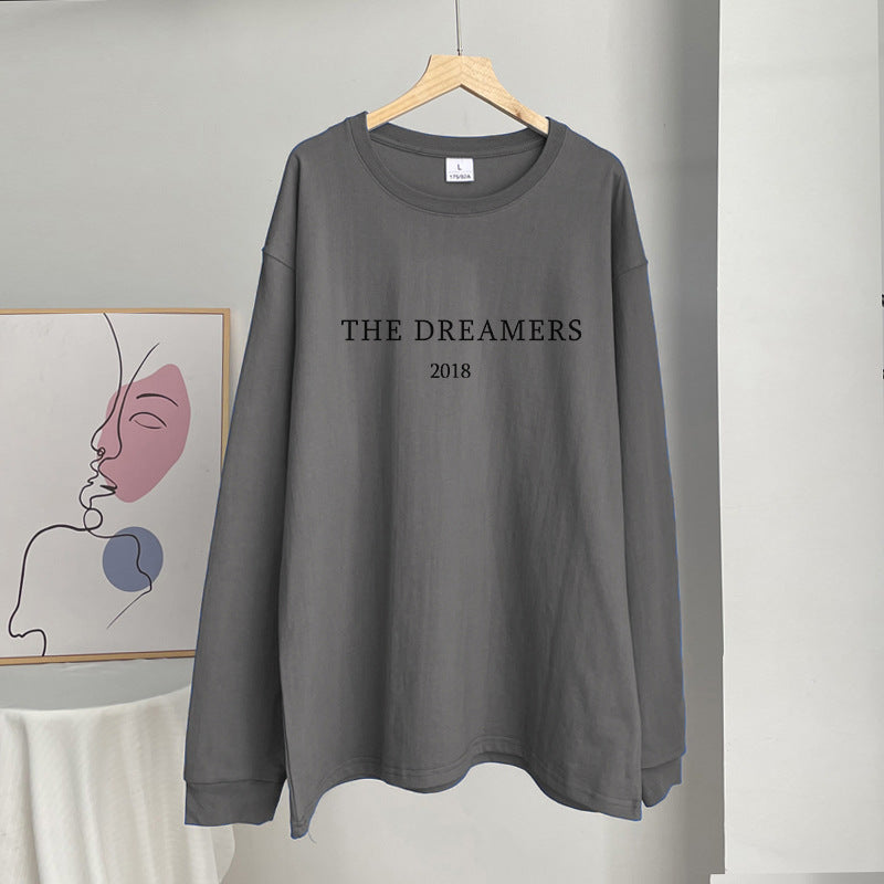 Oversized Slogan Long Sleeve Cotton Tee - Charcoal