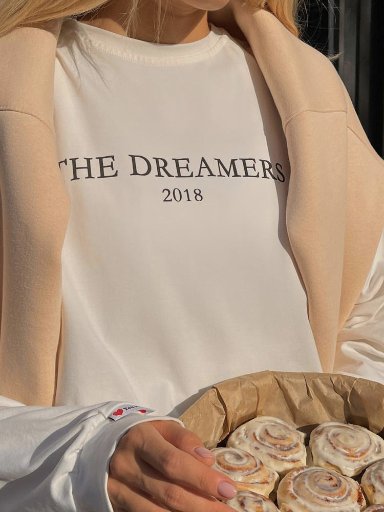 Oversized Slogan Long Sleeve Cotton Tee - White - 1