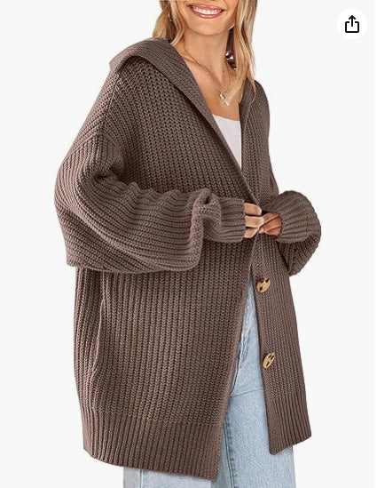 Chunky Knit Button Front Longline Cardigan - Coffee