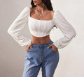 Corset Seam Square Neck Cropped Blouse - White