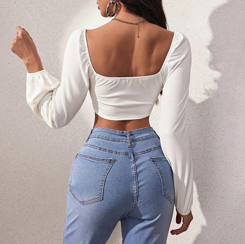 Corset Seam Square Neck Cropped Blouse - White - 4