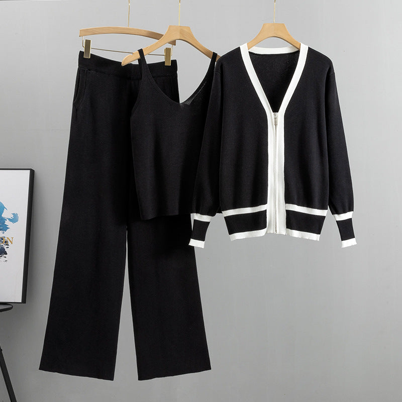 Zip Front Cardigan Cami And Pant Set - Black