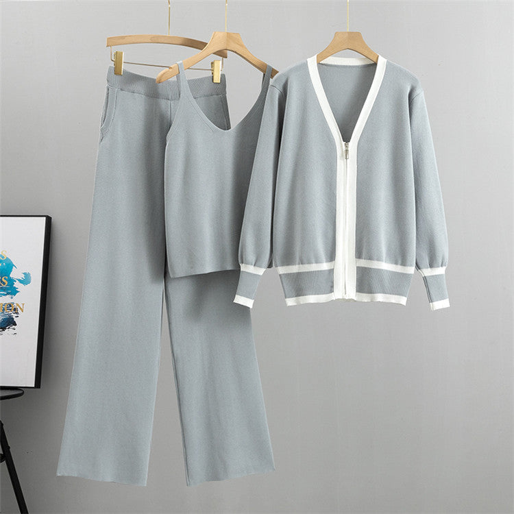 Zip Front Cardigan Cami And Pant Set - Grey