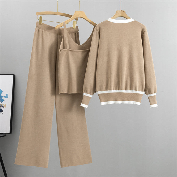 Zip Front Cardigan Cami And Pant Set - Tan - 1