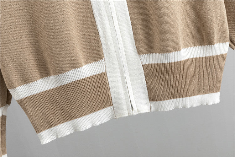 Zip Front Cardigan Cami And Pant Set - Tan - 3