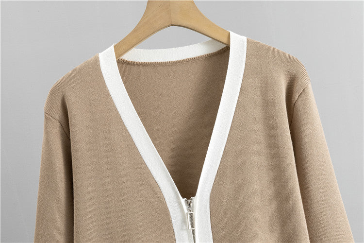 Zip Front Cardigan Cami And Pant Set - Tan - 7